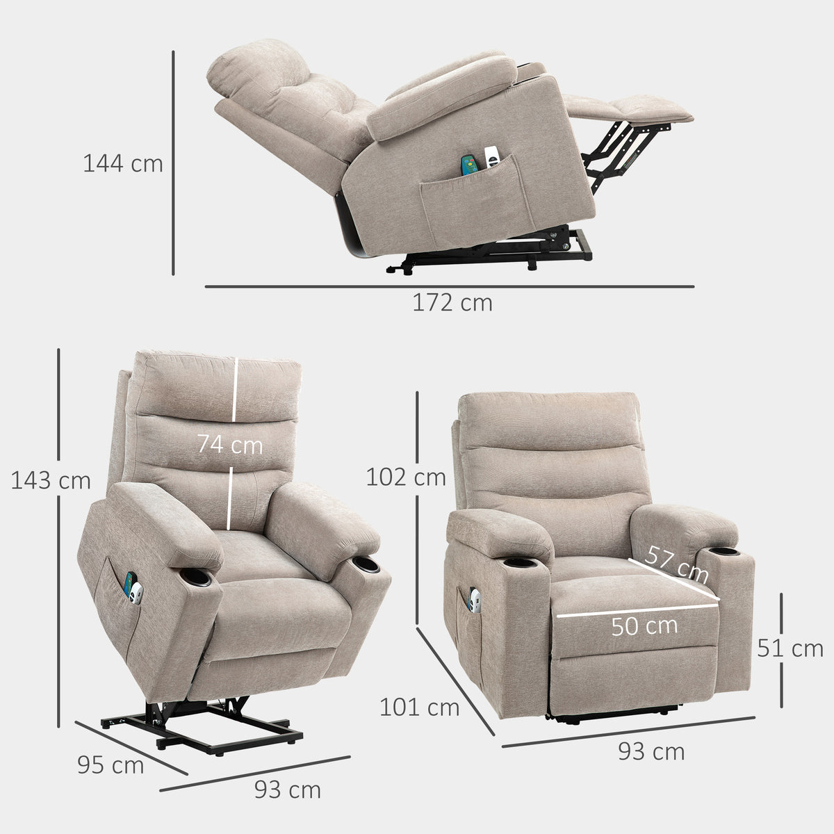 HOMCOM Massagesessel mit Aufstehfunktion, 8 Vibrationsmassagepunkte, Elektrischer Polstersessel mit 2 Fernbedienungen Hellbraun