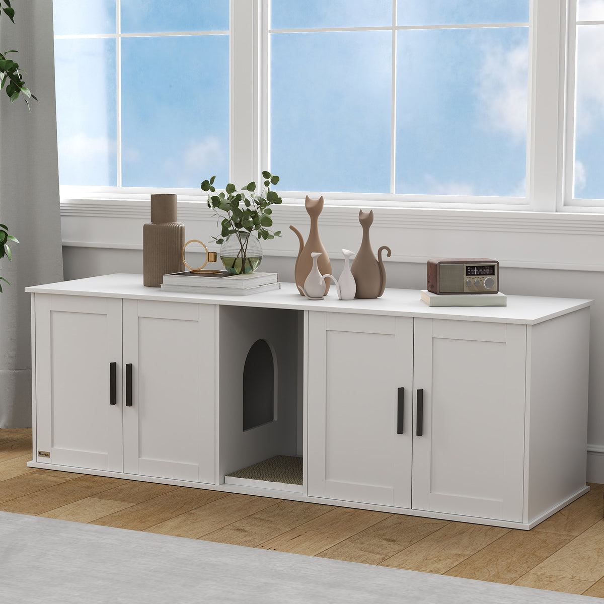 PawHut Katzenklo-Schrank Katzenhaus mit Tür Trennwand Katzentoilette für große Katzen 145 x 49 x 51 cm Weiß