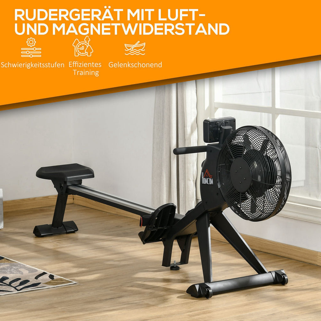 HOMCOM Rudergerät mit 16 Widerstandsstufen einklappbar rollbar 225 x 55 x 88cm Stahl Schwarz