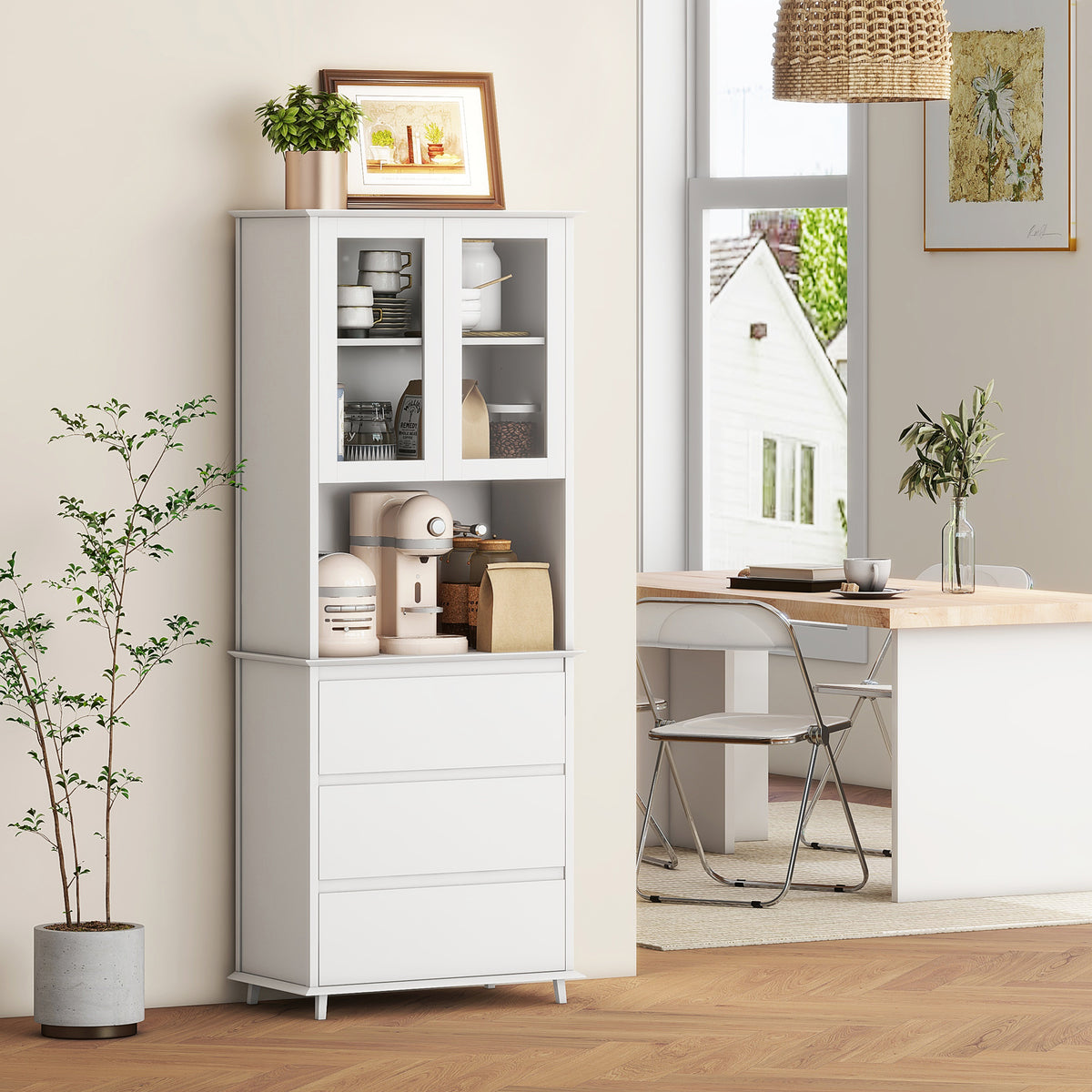 HOMCOM Küchenbuffet Aufbewahrungsschrank 2 Glastüren 3 Schubladen und mittleres Fach 68B x 38T x 172H cm MDF weiß