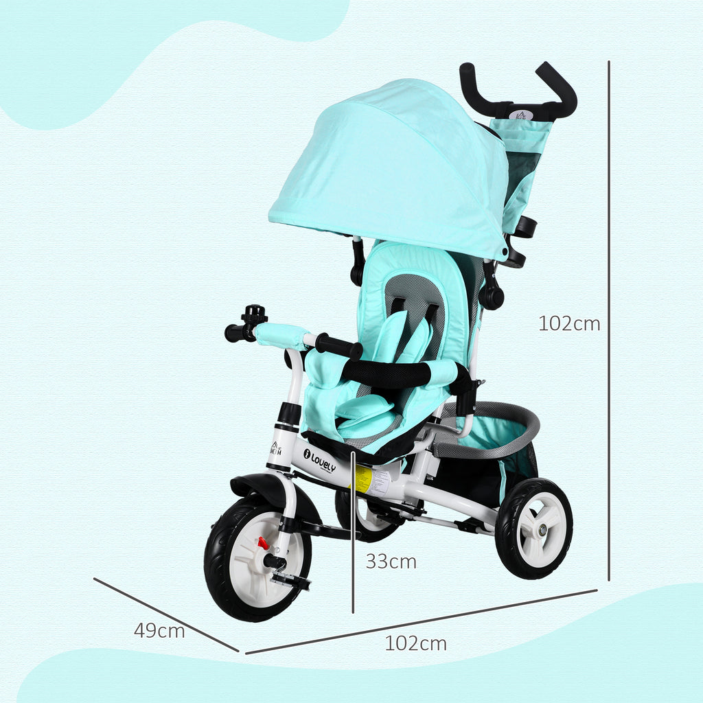 HOMCOM Kinder-Dreirad, Kinderfahrrad, Rückenkorb, Becherhalter, Sonnendach, Metall, Grün