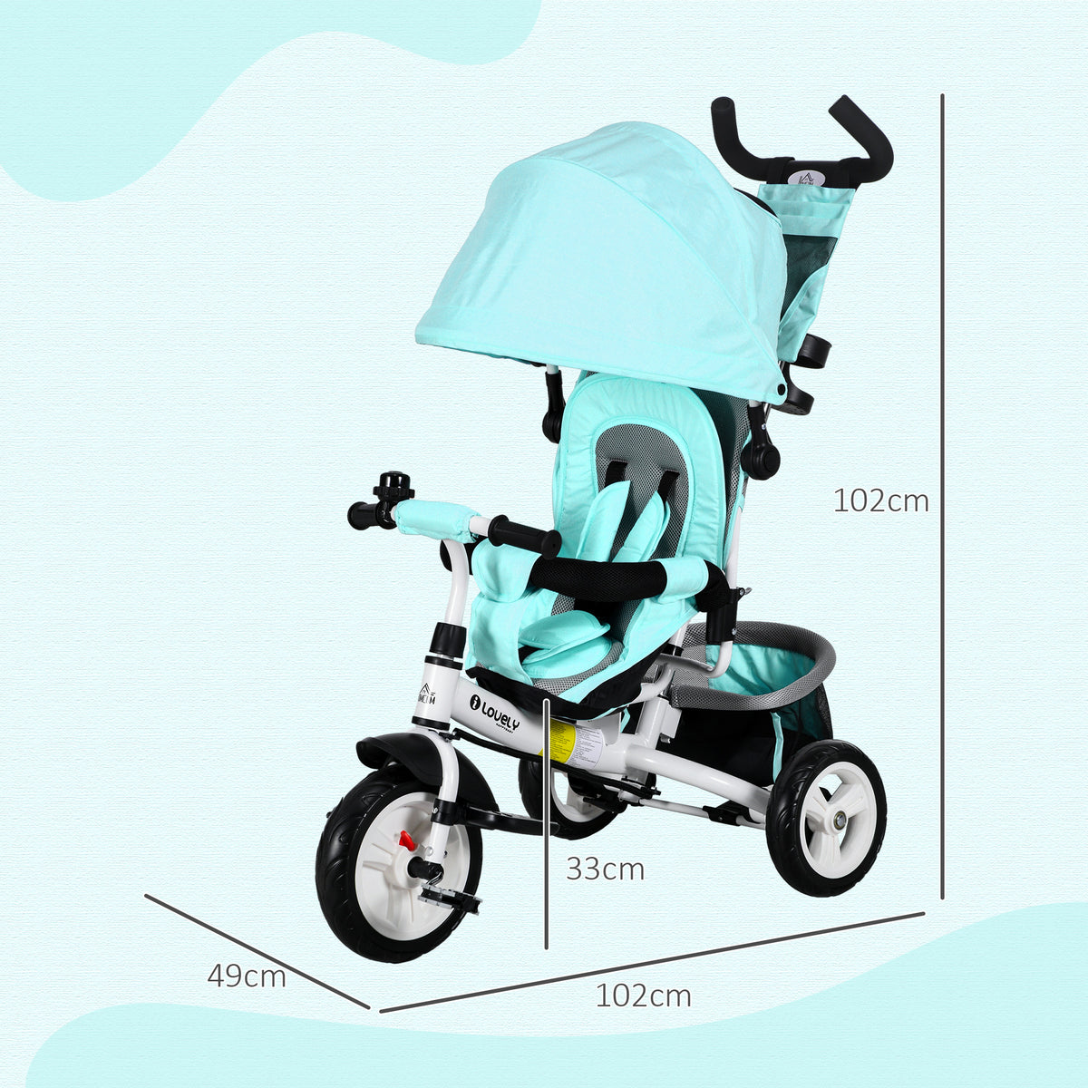 HOMCOM Kinder-Dreirad, Kinderfahrrad, Rückenkorb, Becherhalter, Sonnendach, Metall, Grün