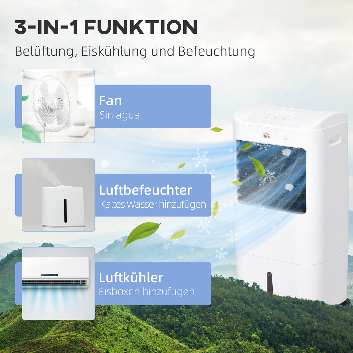 HOMCOM Luftkühler, Klimaanlage, 3 Modi, 7,5 Stunden-Timer, rollbar, Kunststoff, Weiß
