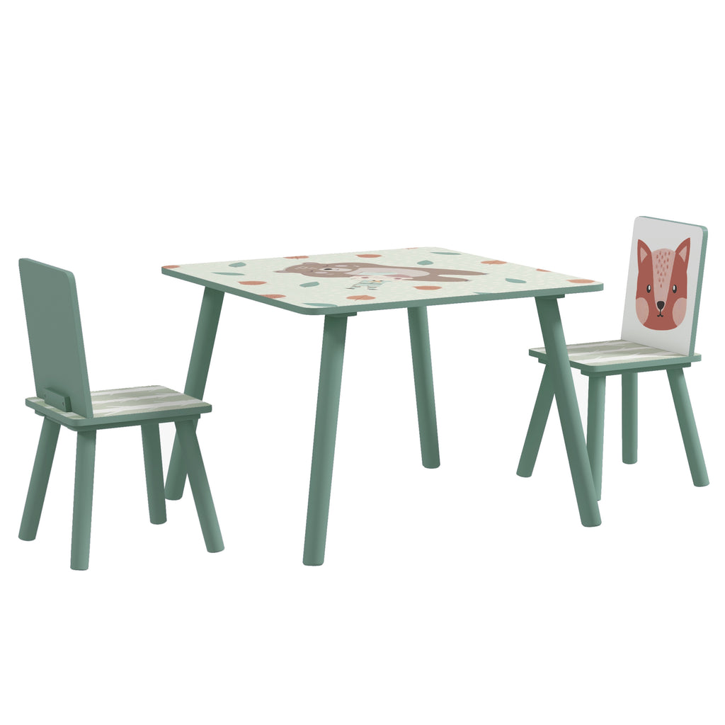 ZONEKIZ Kindertisch und 2 Stühle für Kinder 3-8 Jahre Set 3-teilig Tiermotiv für Schlafzimmer Spielzimmer grün
