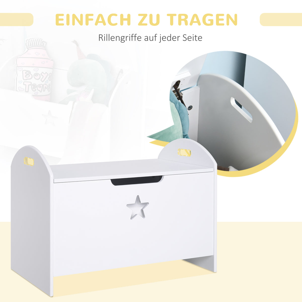 HOMCOM Spielzeugkiste aus Holz Sitzbank für Kinder Sitztruhe Aufbewahrungsbox für Kinderzimmer Bücher Spielzeug Spieltruhe für Kinder Sicherheitsscharnier Weiß 62 x 40 x 46,5 cm