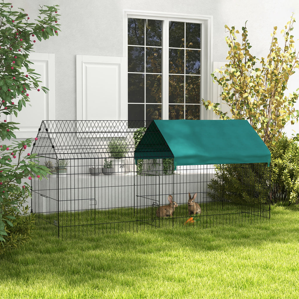 PawHut Kleintiergehege mit Dach, 4 Türen, wetterfest, Stahl/Polyester, 220x85x103cm, Grün/Schwarz