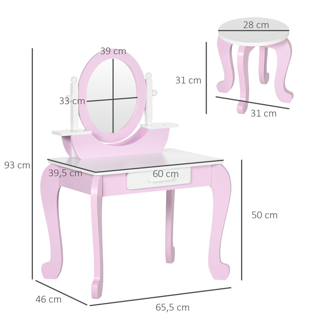 ZONEKIZ Kinder-Frisiertisch mit Hocker, Spiegel und Schublade 65,5 x 46 x 93 cm zweifarbig Rosa und Weiß