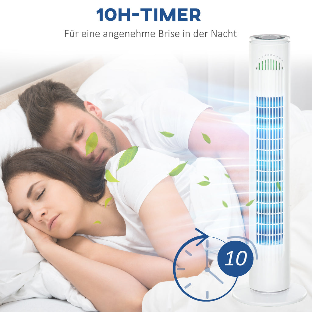 HOMCOM Turmventilator, Standventilator mit 3 Belüftungsstufen, Fernbedienung, 45W Ventilator mit 10H Timer, LCD-Anzeige, 70° Oszillation, für Schlafzimmer, Weiß