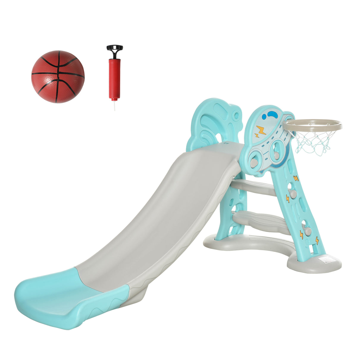 HOMCOM Kinderrutsche ab 18 Monaten faltbar mit 3 Stufen und Basketballkorb, 140x87x75cm, Blau und Grau