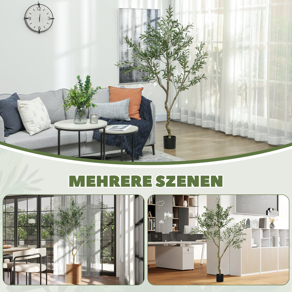 HOMCOM Künstlicher Olivenbaum, Kunstpflanze, Lebensechte Olivenpflanze in Pflanztopf, 180 cm, Kunststoff, Grün