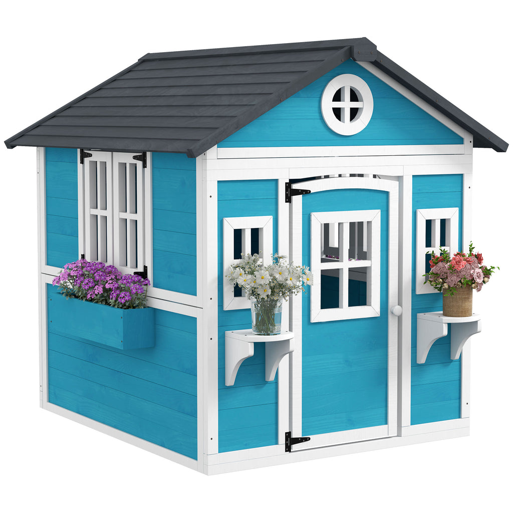Outsunny Kinderspielhaus, Holz-Spielhaus für Kinder, Outdoor-Gartenspielhaus mit Fenstern, Blumentöpfe, 3-8 Jahre, Blau