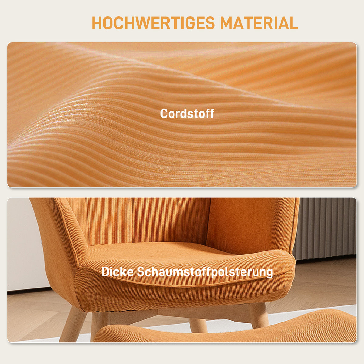 HOMCOM Akzentsessel mit Hocker, Relaxsessel in Cord-Optik, Armlehnstuhl mit Holzbeinen, für Wohnzimmer, Braun