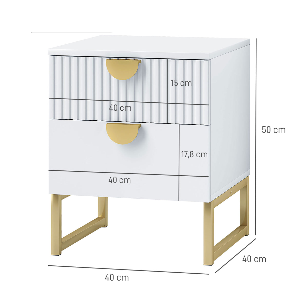 HOMCOM Nachttisch mit 2 Schubladen, elegante Metallgriffe in Gold, 40 x 40 x 50 cm, Weiß