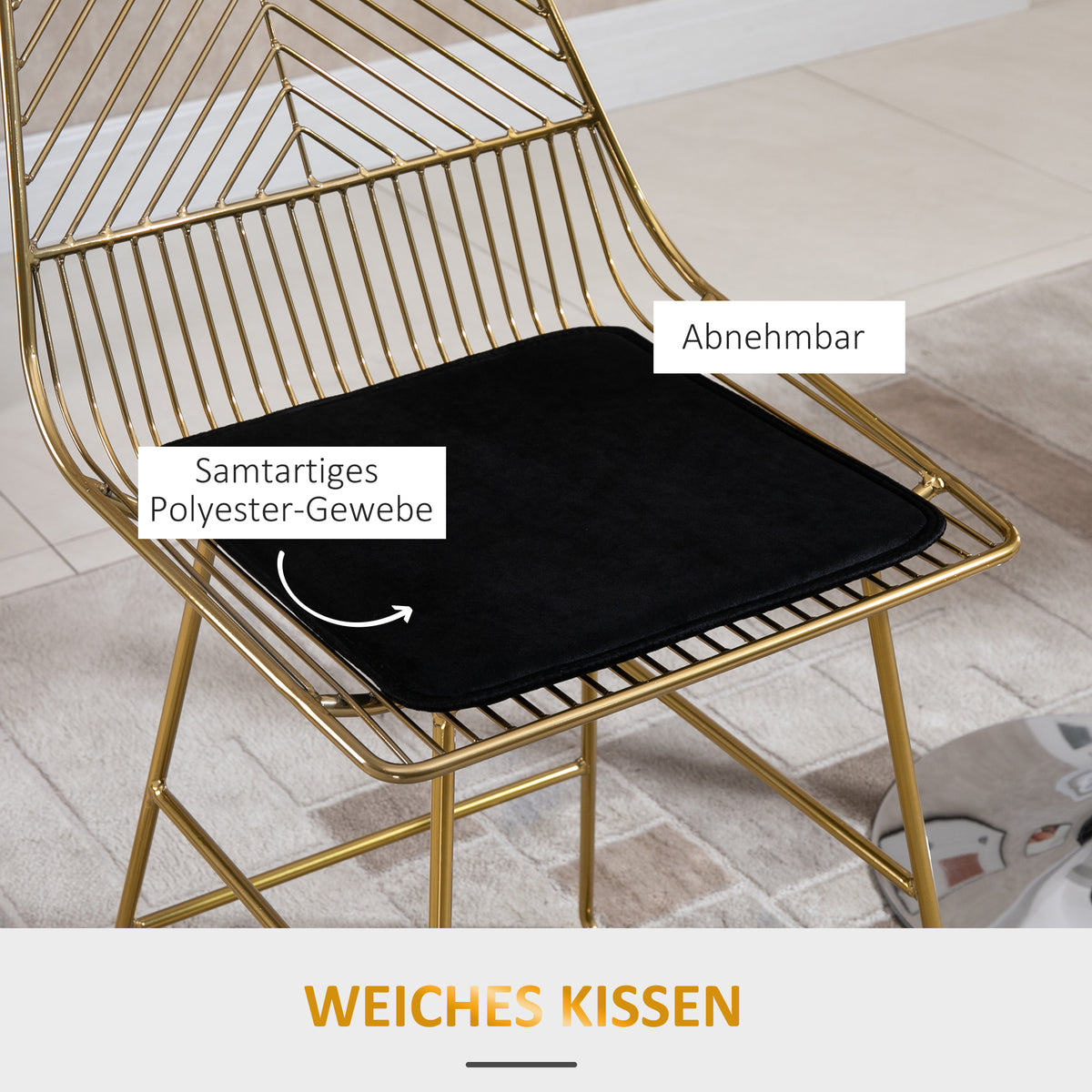 HOMCOM Barhocker Set, geometrisches Metalldesign, abnehmbares Samtkissen, Fußstütze, Gold