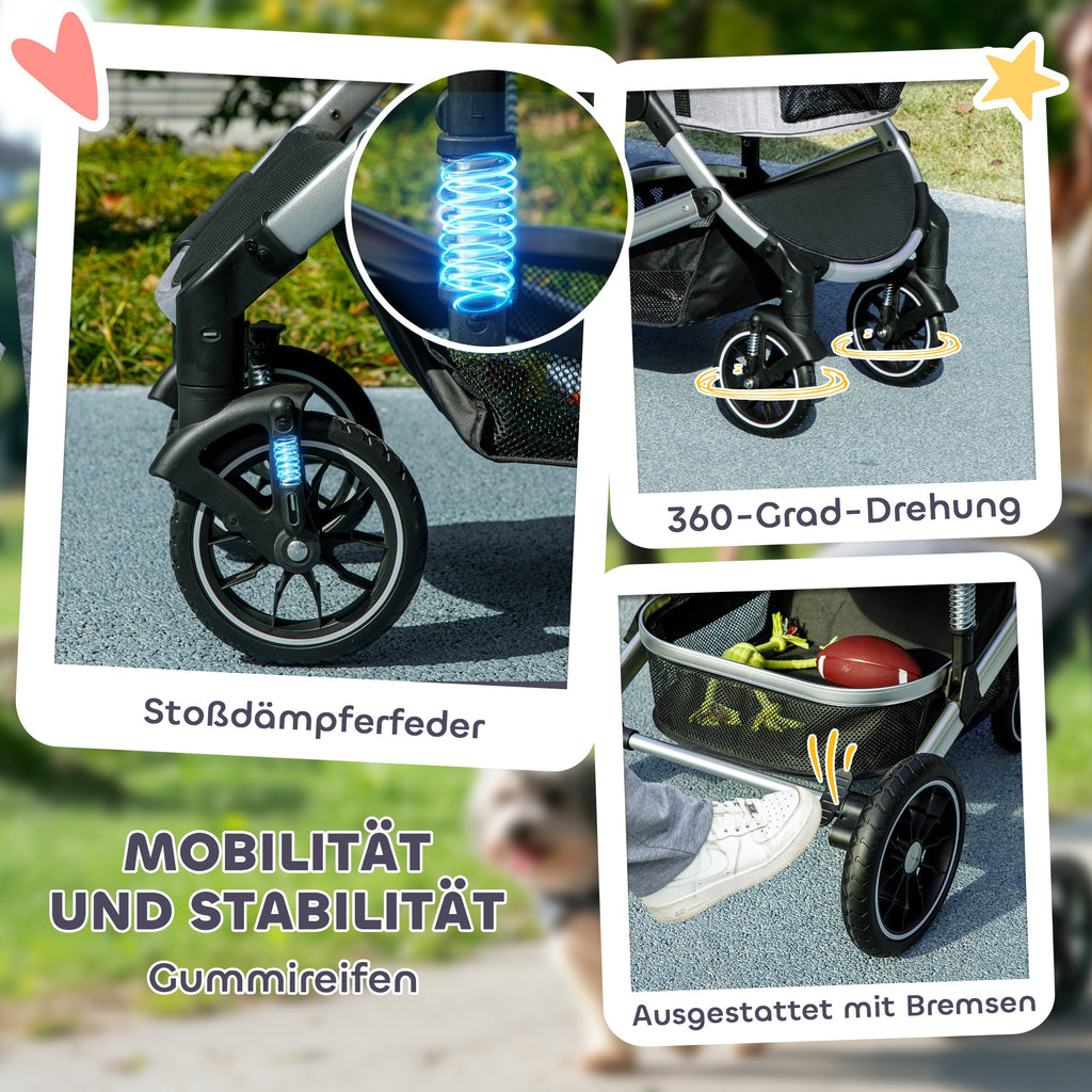 PawHut Hundewagen 3 in 1 Hundebuggy klappbar für Katzen bis 10 kg Katzenbuggy mit Kissen Becherhalter Hellgrau