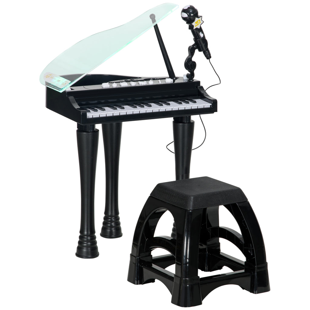 AIYAPLAY Kinderklavier mit 32 Tasten, Hocker, Mikrofon, Musik, Lichtern und abnehmbaren Beinen, Schwarz