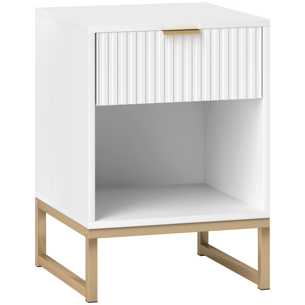 HOMCOM Nachttisch mit Schublade und Regal, Stauraum und Metallbeinen, für Schlafzimmer, Wohnzimmer, Weiß