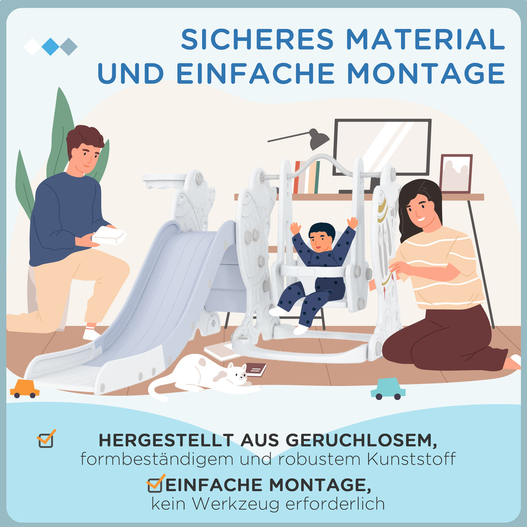 AIYAPLAY 3-in-1-Set Kinderrutsche mit Schaukel, Basketballkorb, Raketen-Design, weiß+grau, 150L x 185B x 92H cm