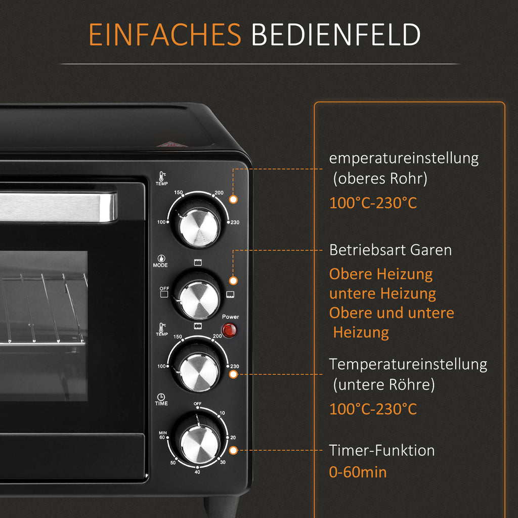 HOMCOM Mini-Ofen Toasterofen, 1 Backblech, 1 Grilrost, Timer-Funktion, Schwarz