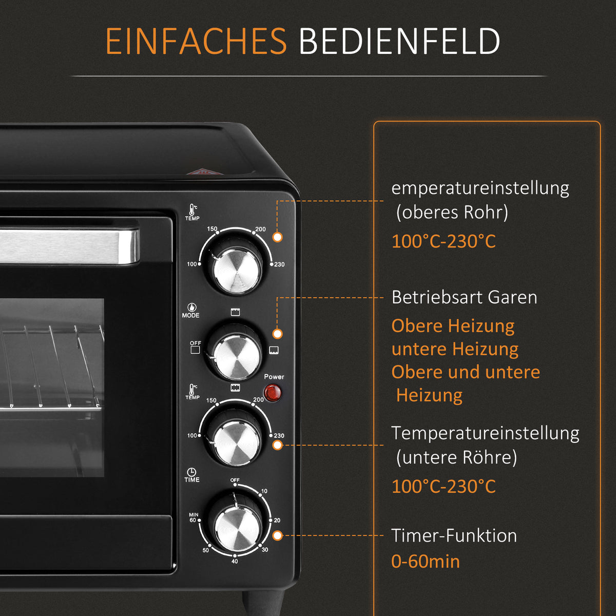 HOMCOM Mini-Ofen Toasterofen, 1 Backblech, 1 Grilrost, Timer-Funktion, Schwarz