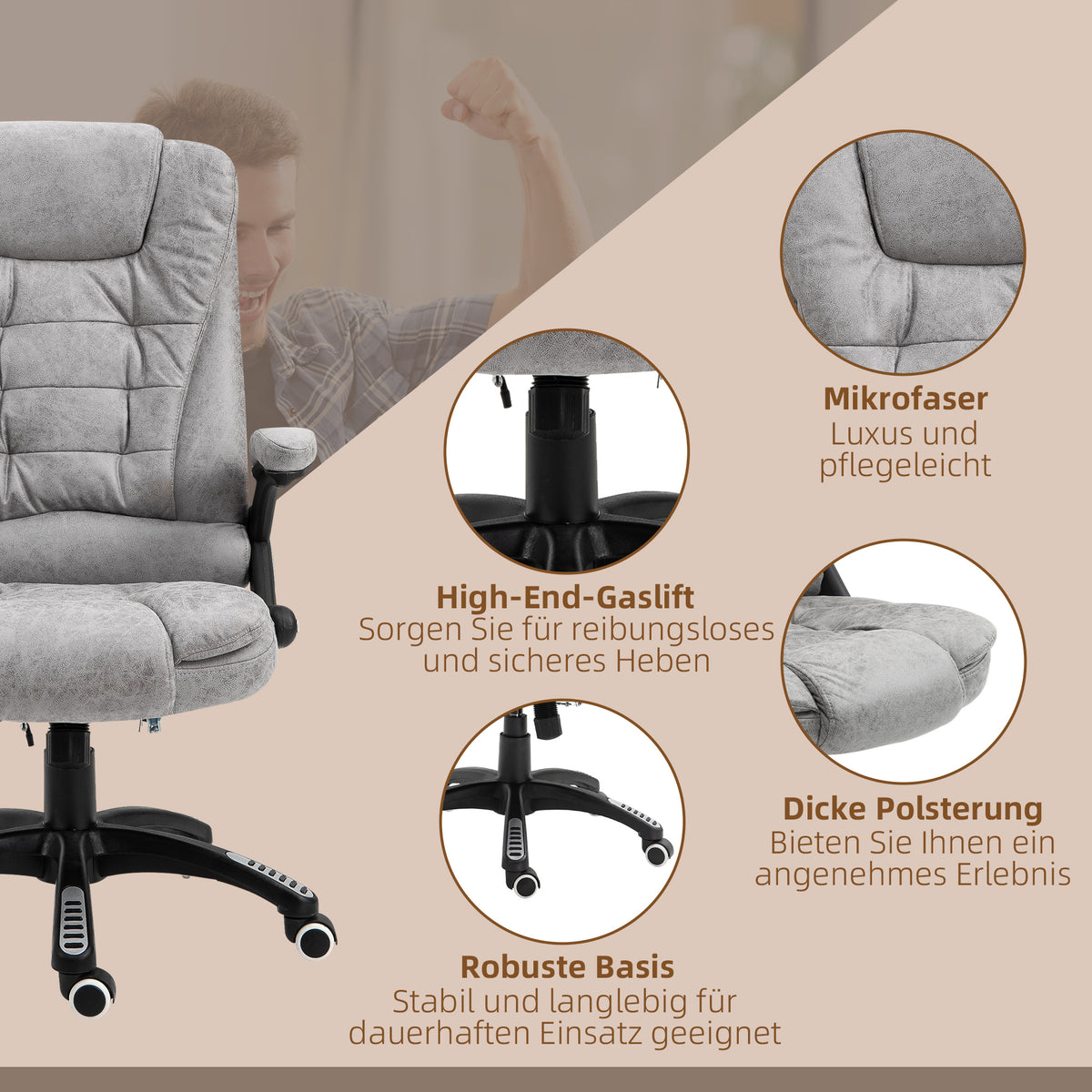 Vinsetto Chefsessel mit Massage- & Wärmefunktion, ergonomisch, verstellbar, bis 120kg, Grau