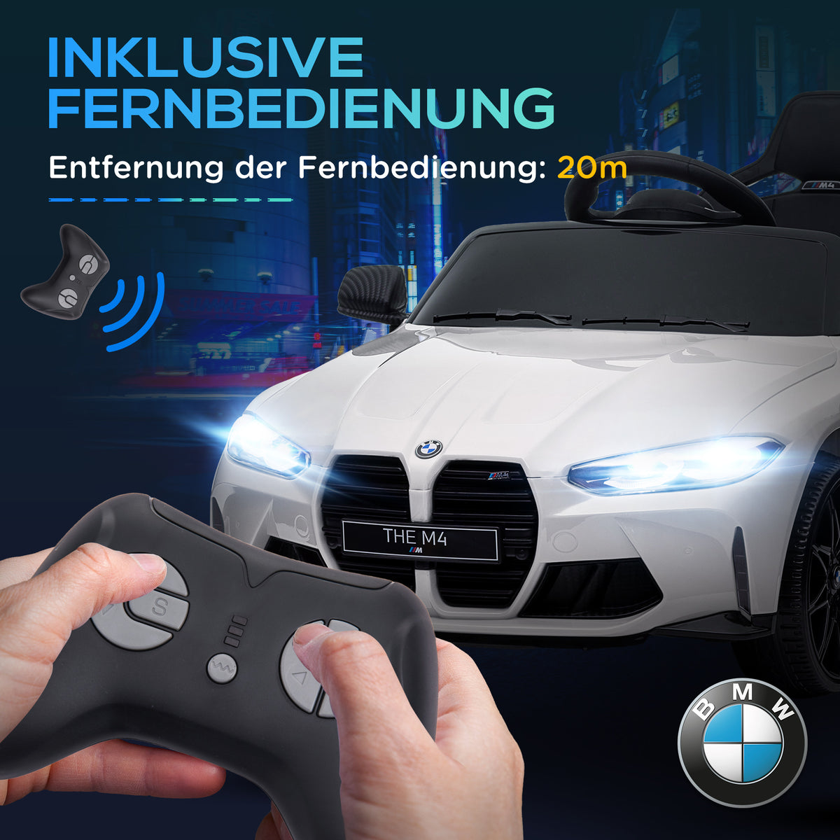 AIYAPLAY Elektro Kinderauto BMW M4, Sound & Licht, 3-5 km/h, inkl. Fernsteuerung, für 3-5 Jahre, Weiß