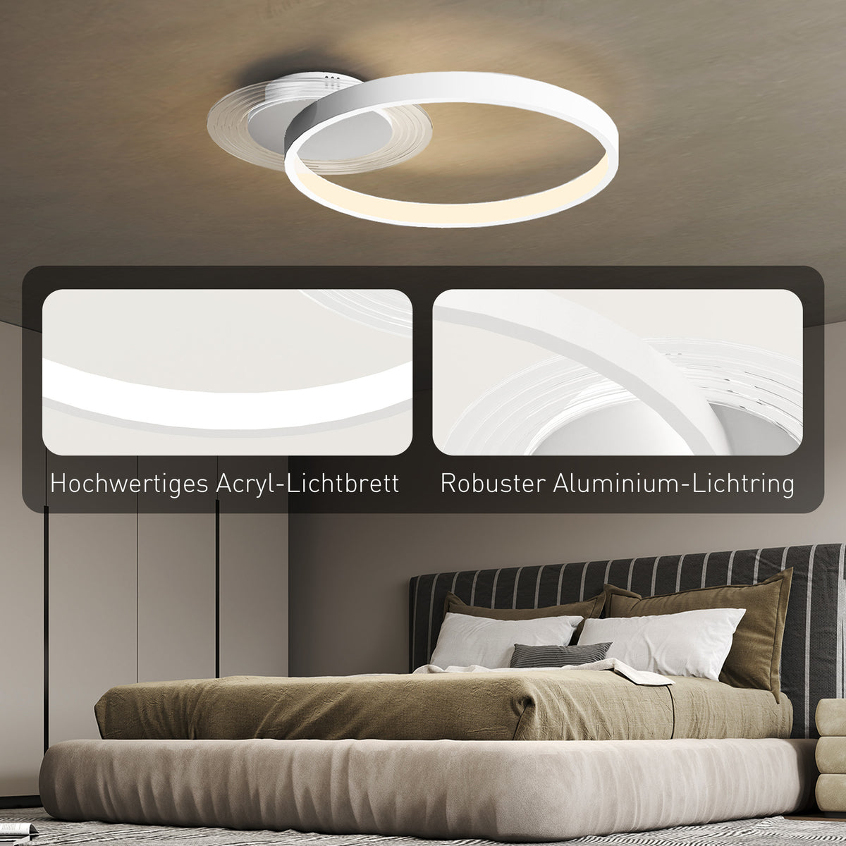 HOMCOM Deckenlampe, Deckenleuchte mit Zwei-Ring-Design, Rund 50 x 40 x 7,4 cm, Weiß
