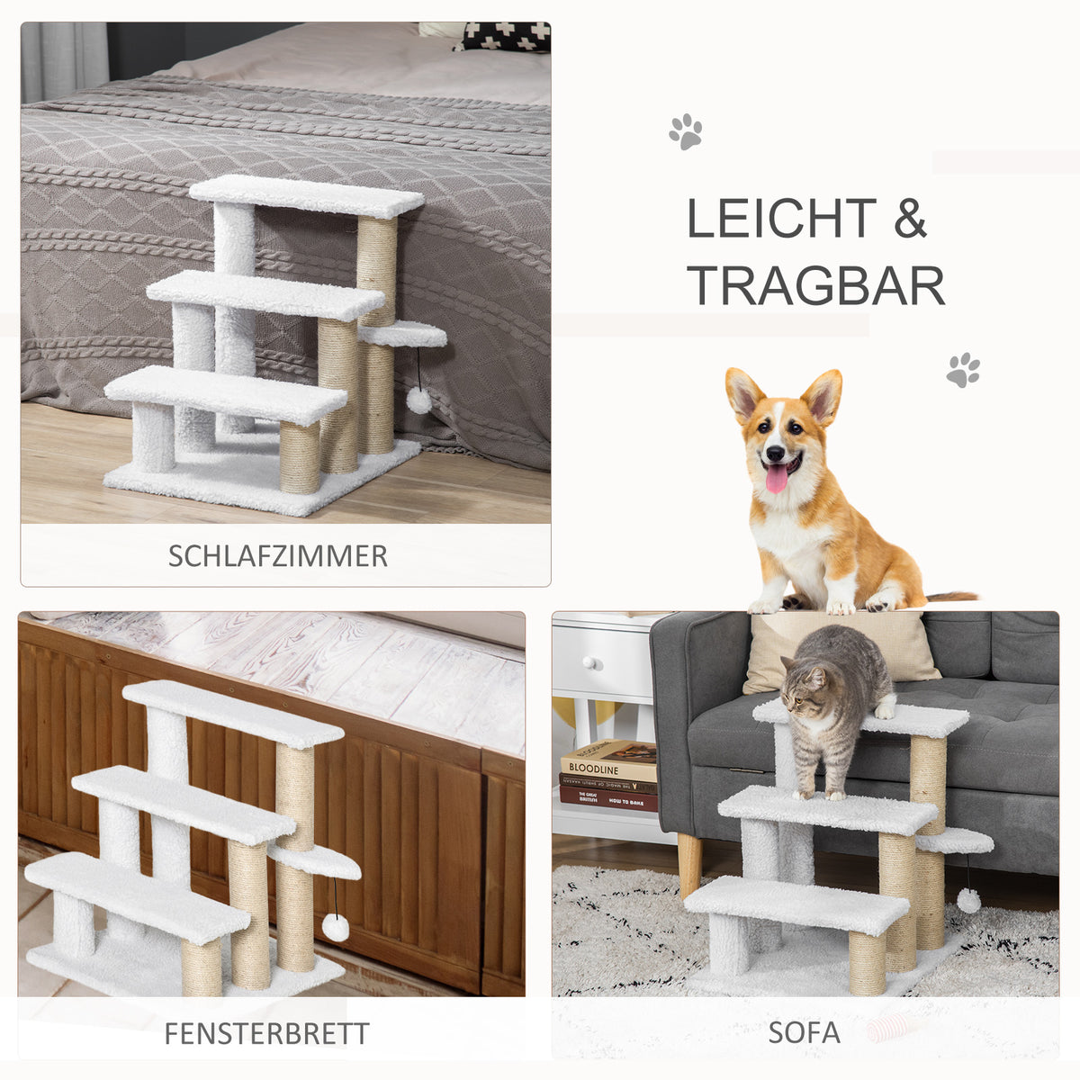 PawHut Katzentreppe 3-stufige Haustiertreppe mit Kratzsäulen Ball Hundetreppe Tiertreppe für Katzen bis 5 kg Plüsch Jute Weiß 45 x 40 x 48 cm
