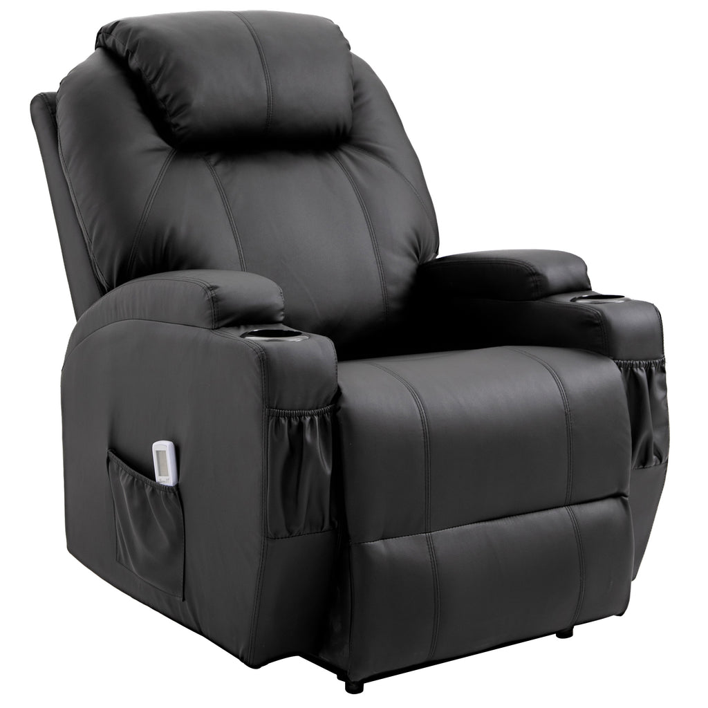 HOMCOM Massagesessel Elektrisch Relaxsessel Fernsehsessel Massagefunktion Liegefunktion TV-Sessel mit 2 Seitentaschen und Getränkehalter Kunstleder Schwarz 82 x 97 x 110 cm