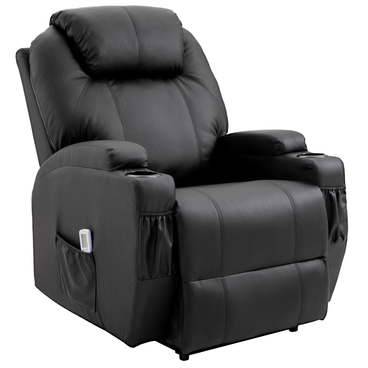 HOMCOM Massagesessel Elektrisch Relaxsessel Fernsehsessel Massagefunktion Liegefunktion TV-Sessel mit 2 Seitentaschen und Getränkehalter Kunstleder Schwarz 82 x 97 x 110 cm