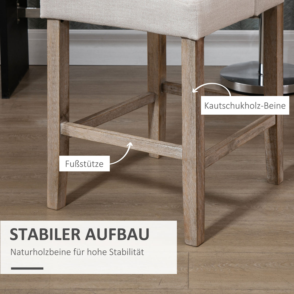 HOMCOM 2er-Set Barhocker mit lehne Barstühle mit Knopfheftung, Massivholz, inkl. Fußstütze, 47 cm x 50 cm x 101 cm, Grau + Natur