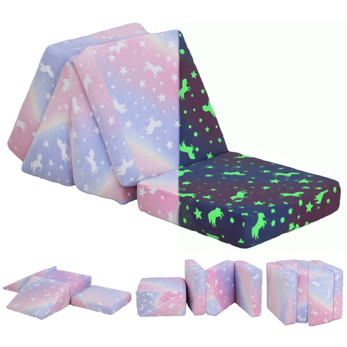 AIYAPLAY Modulares Spielsofa-Set für Kinder, 5-teilig, Treppe, Matratze, Pony- und Sternenmuster, leuchtet im Dunkeln, Rosa