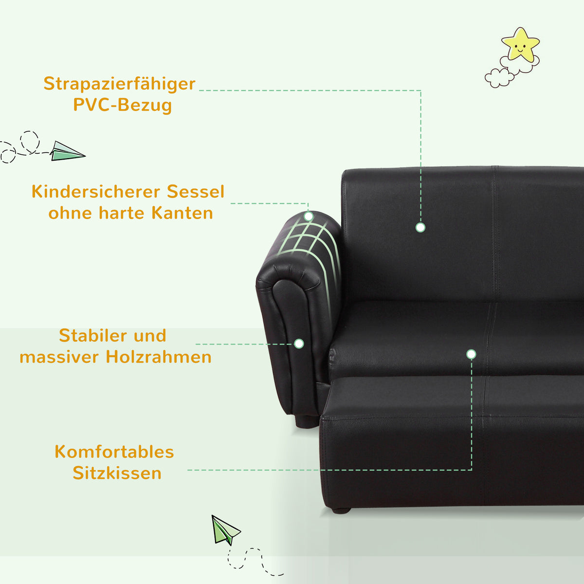 HOMCOM Kindersessel mit Fußhocker, Kindercouch mit Hocker, Kindersofa, Sofa Sessel, Schwarz, 83 x 42 x 41 cm