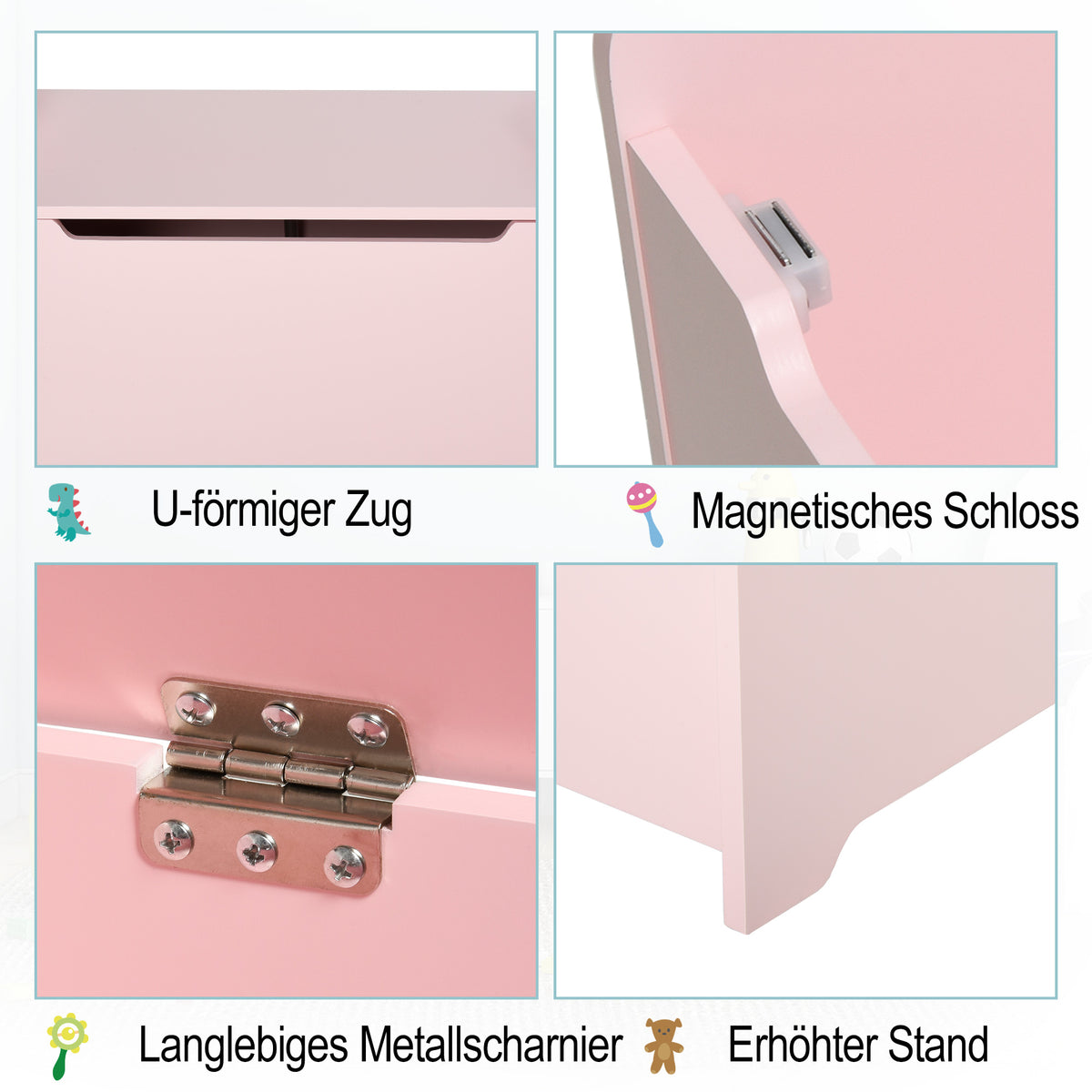HOMCOM Spielzeugtruhe Kindersitzbank mit Stauraum 2-in-1 Truhenbank Spielzeugkiste Aufbewahrungstruhe 3+ Jahre Kindermöbel Rosa 60 x 30 x 50 cm
