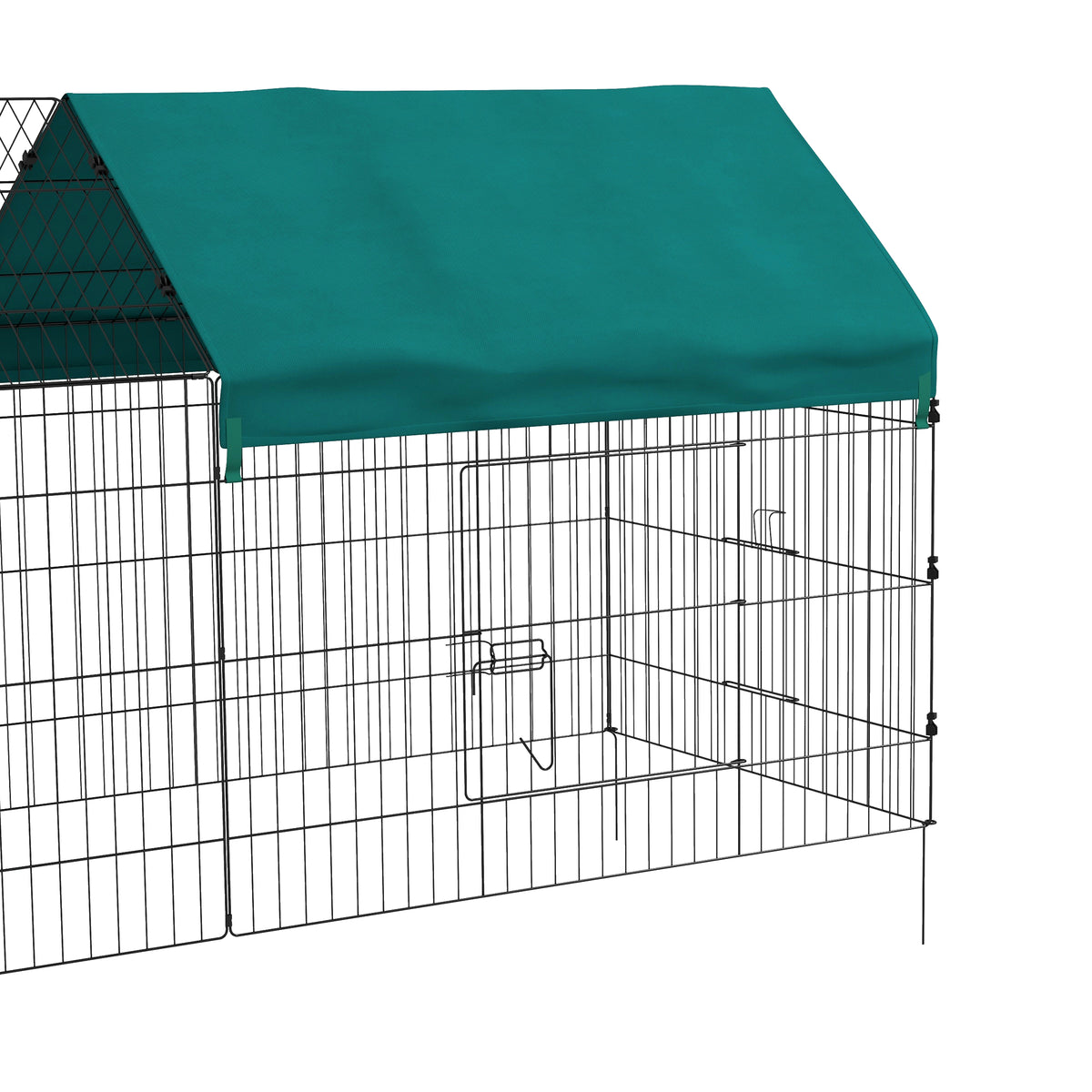 PawHut Kleintiergehege mit Dach, 4 Türen, wetterfest, Stahl/Polyester, 220x85x103cm, Grün/Schwarz