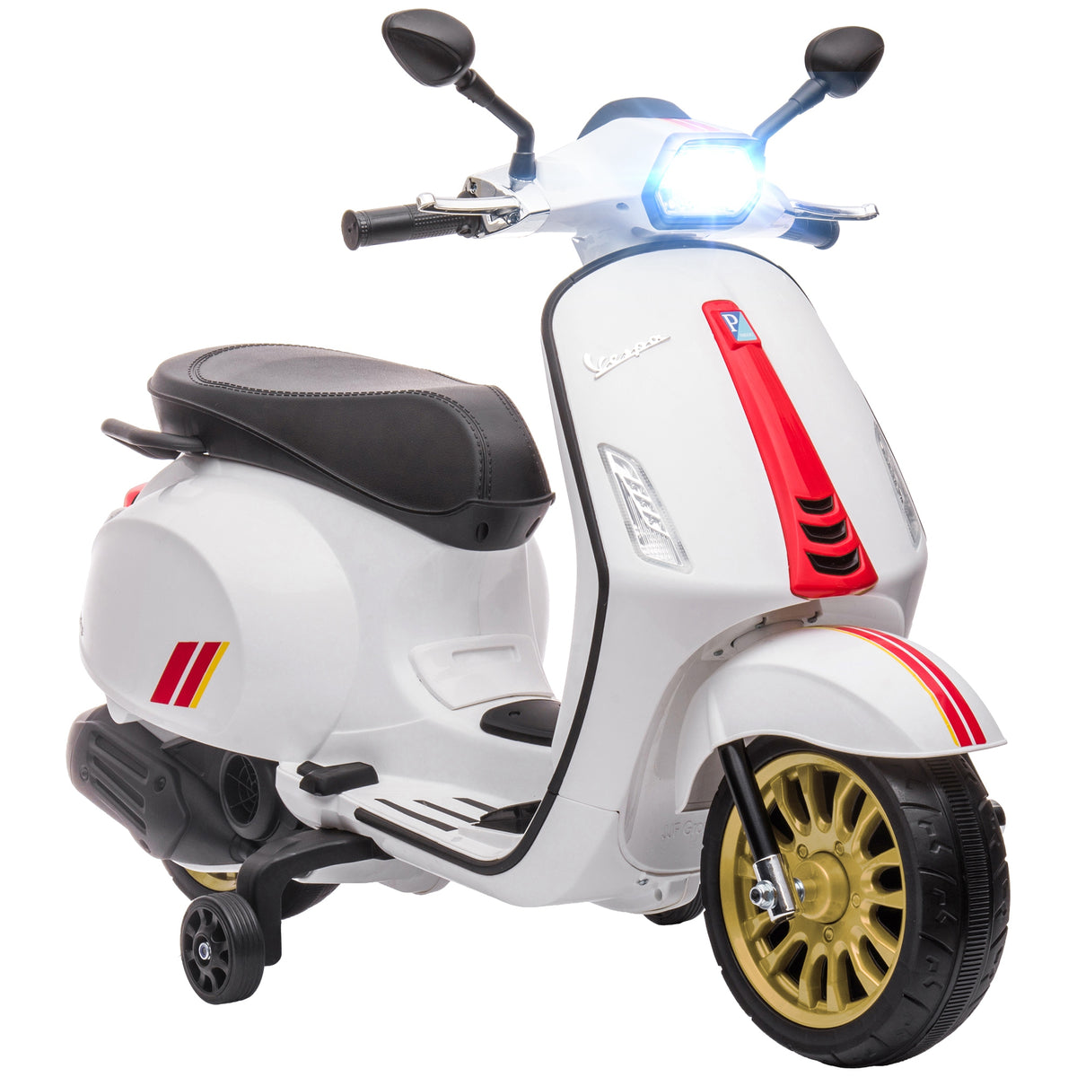 AIYAPLAY Elektro-Kindermotorrad, Vespa, 3 km/h, 3-6 Jahre, Musik, Licht & Radio, Weiß