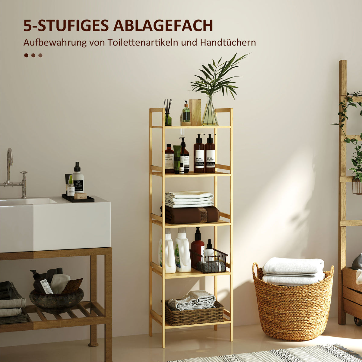 HOMCOM Bambus-Badezimmerregal mit 5 Ebenen, Aufbewahrungsregal mit verstellbaren Regalböden, 43,5 x 31,5 x 142 cm, Naturholz