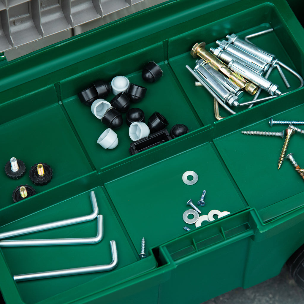 Outsunny Gartenhocker und Werkzeugkasten 2 in 1 - Aufbewahrungsbox und abschließbares Fach - 4 Rollen, 2 Griffe - PP Grau Gelb Grün