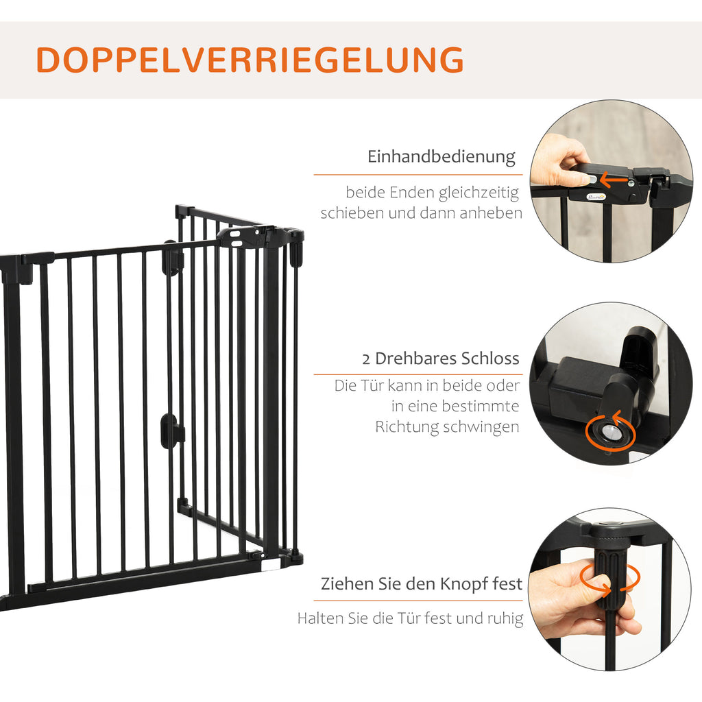 PawHut Hunde Absperrgitter Türschutzgitter Haustierschutzgitter verstellbar klappbar Kamingitter mit automatische schließenden Tür 3 Paneele für Ofen Wandmontage/Freistehend Schwarz 202,5 x 76 cm