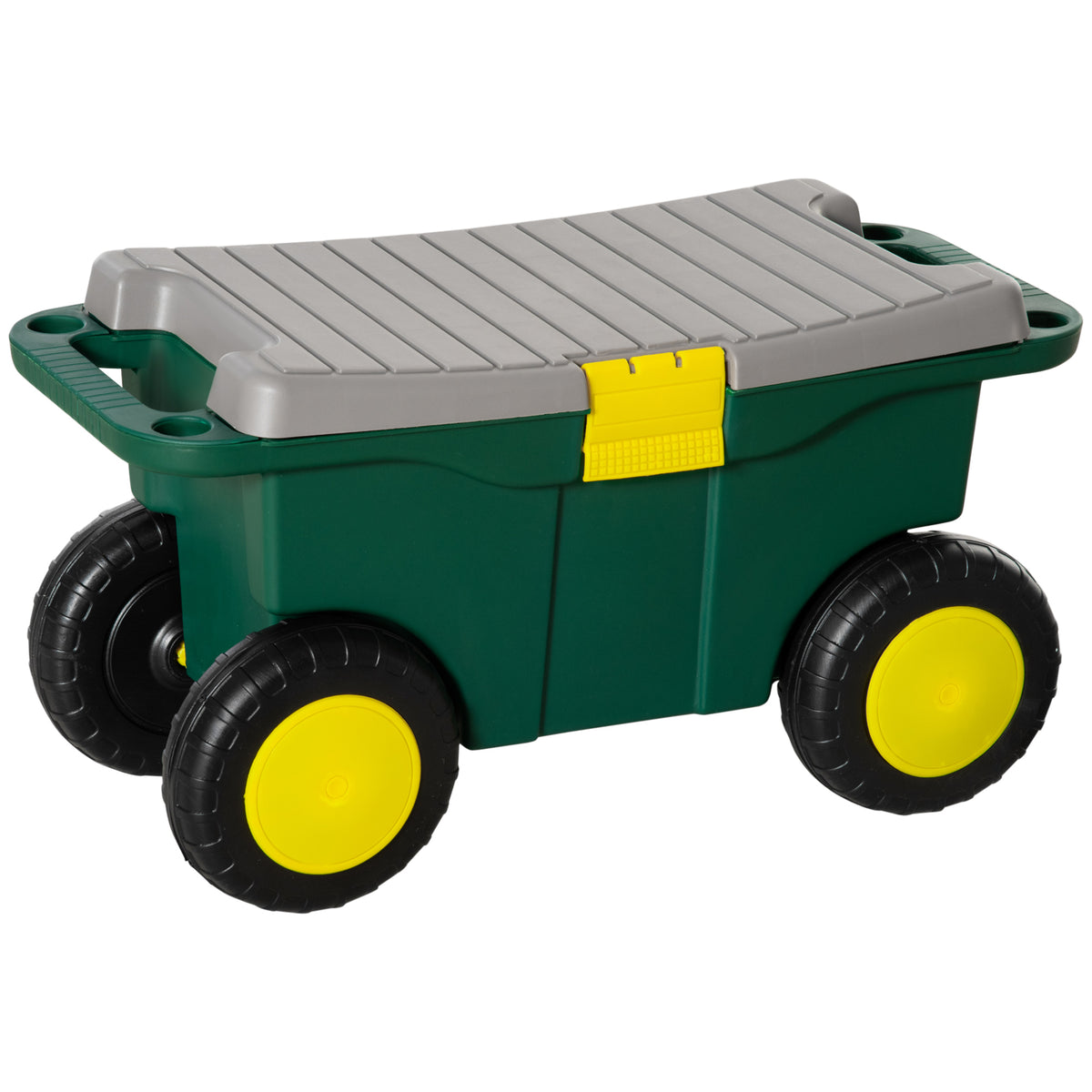 Outsunny Gartenhocker und Werkzeugkasten 2 in 1 - Aufbewahrungsbox und abschließbares Fach - 4 Rollen, 2 Griffe - PP Grau Gelb Grün
