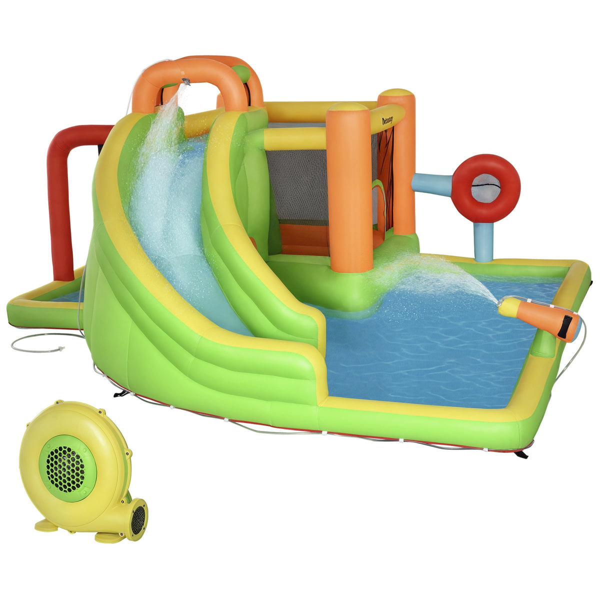 Outsunny Aufblasbare Hüpfburg mit Rutsche, Hüpfecke, 2 Wasserbecken, Boxsack, 478 x 440 x 210cm