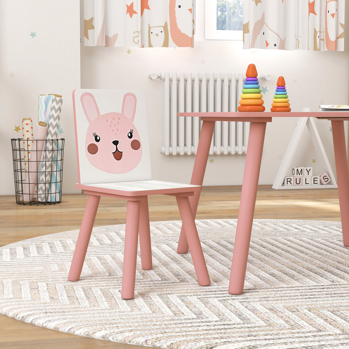 ZONEKIZ Kindertisch und Stuhlset, Kindertisch mit 2 Stühlen, Tiermuster für Kinderzimmer rosa
