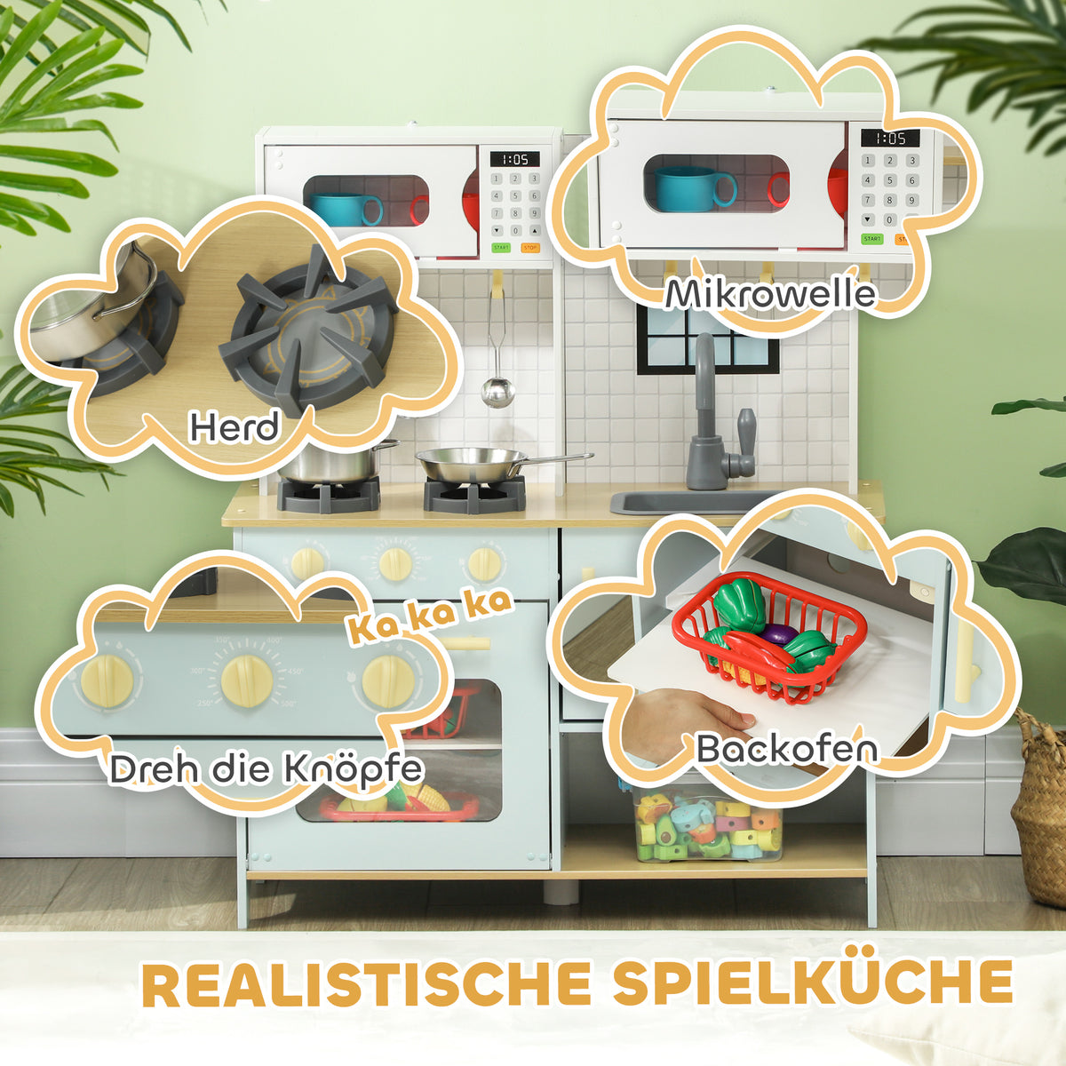 AIYAPLAY Spielküchen-Set, Kinderküche zum Spielen mit Mikrowelle, Herd und Backofen, Kochutensilien, MDF, Edelstahl, Blau