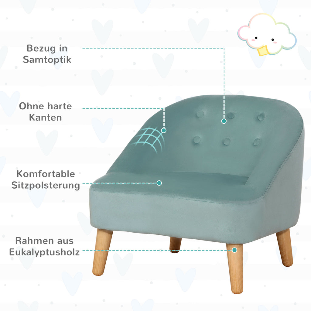 HOMCOM Kindersessel mit Ottomane für Kinder von 3 bis 5 Jahren Niedliches Design Samtoptik 51 cm x 51 cm x 50 cm Grün