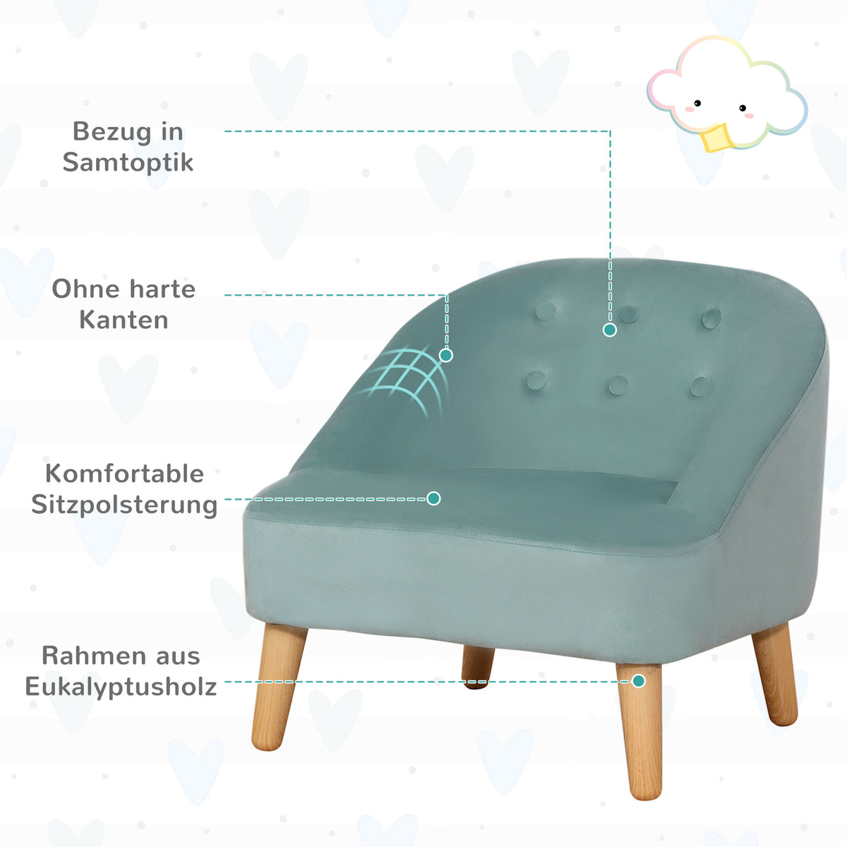 HOMCOM Kindersessel mit Ottomane für Kinder von 3 bis 5 Jahren Niedliches Design Samtoptik 51 cm x 51 cm x 50 cm Grün