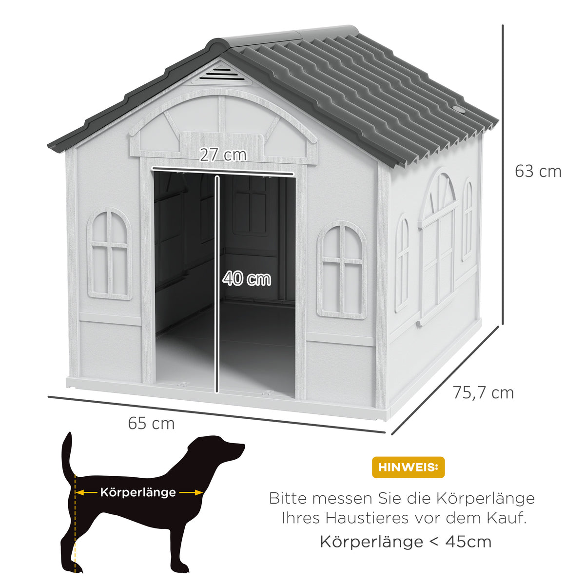 PawHut Hundehütte mit Satteldach, wetterfest, Kunststoff, 65 x 75,7 x 63 cm, Grau
