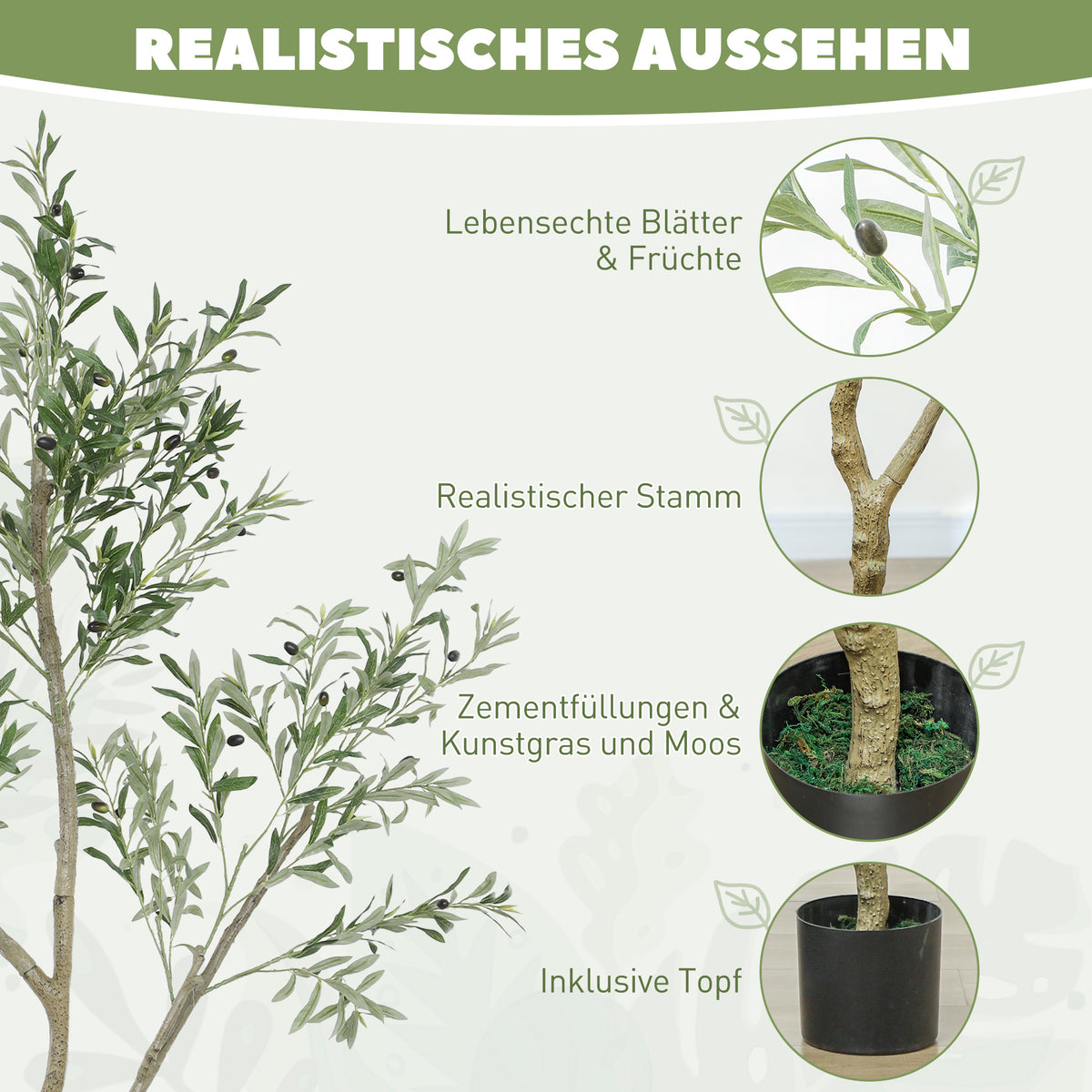 HOMCOM Künstlicher Olivenbaum, Kunstpflanze, Lebensechte Olivenpflanze in Pflanztopf, 180 cm, Kunststoff, Grün