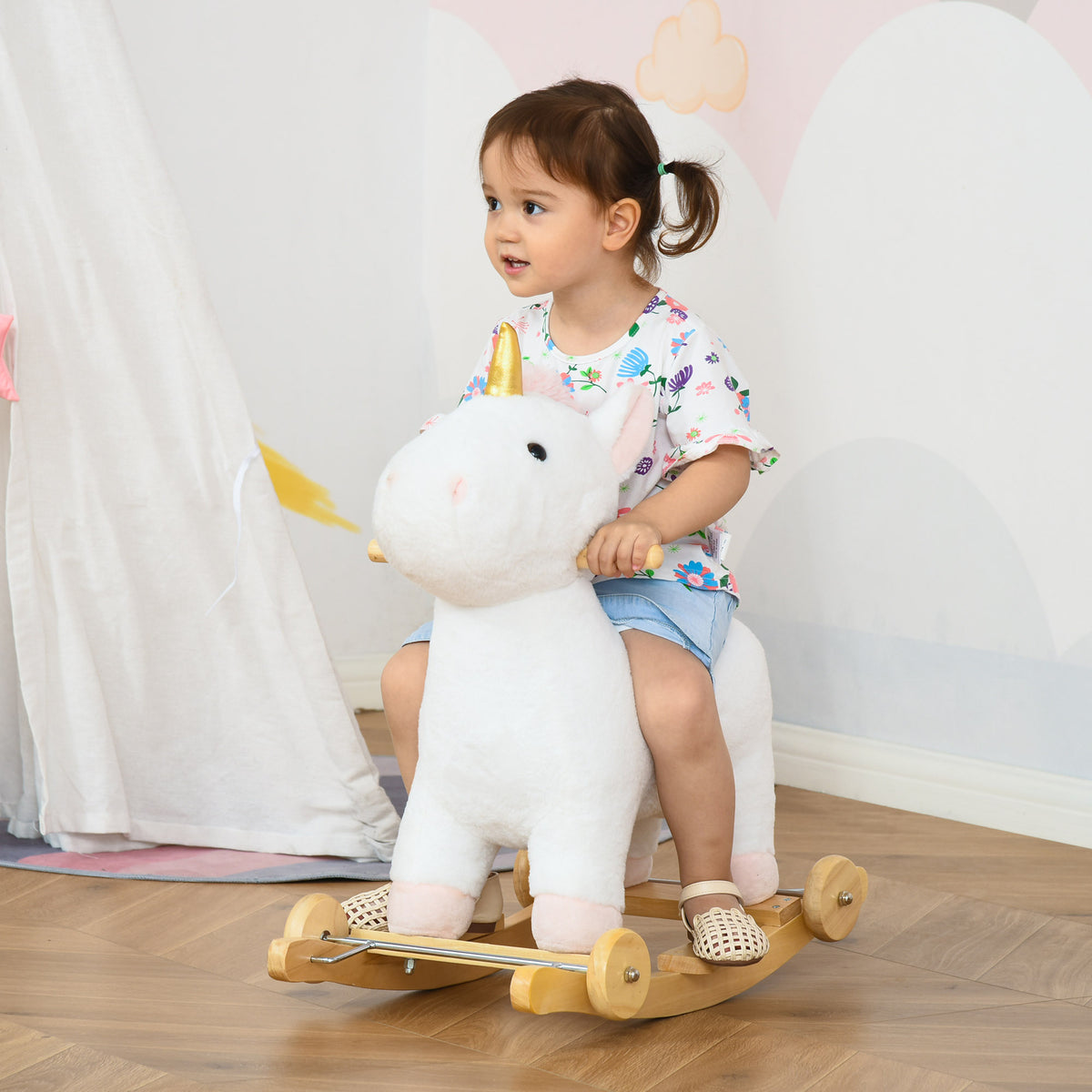 HOMCOM 2-IN-1 Schaukelpferd mit Räder Plüsch Schaukeltier Babyschaukel Spielzeug Weiß 63 x 38 x 63 cm