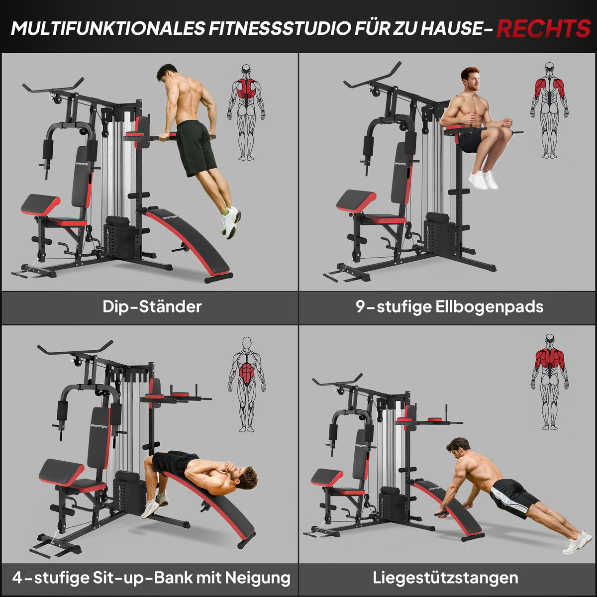 SPORTNOW Mehrzweck-Trainingsstation mit 65 kg Gewichtsblock, verstellbar, fürs Heimtraining, Stahl, Kunstleder
