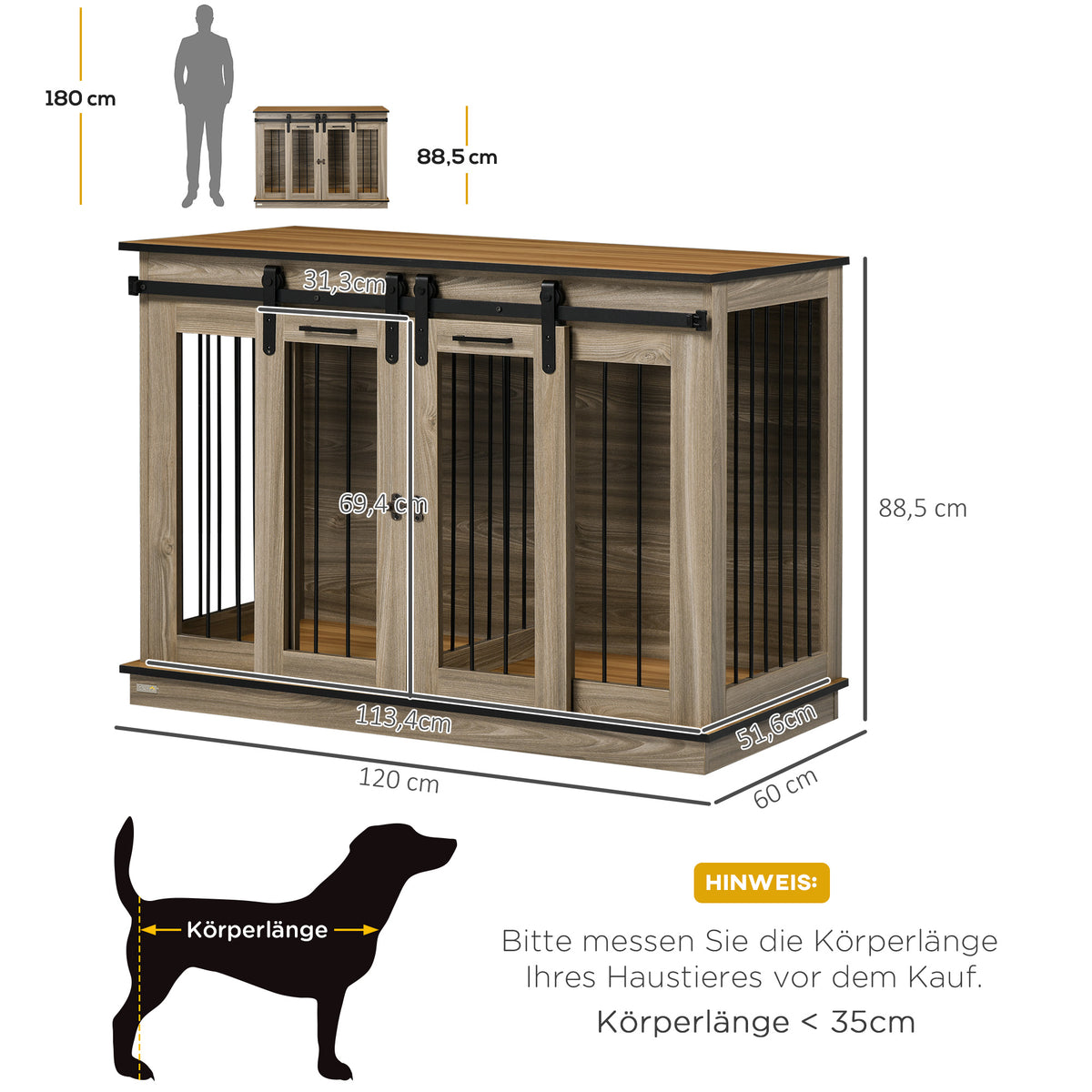 PawHut Hundekäfig mit 2 Türen, Hundebox, Transportbox für Hunde, rustikales Design, verriegelbar, Braun